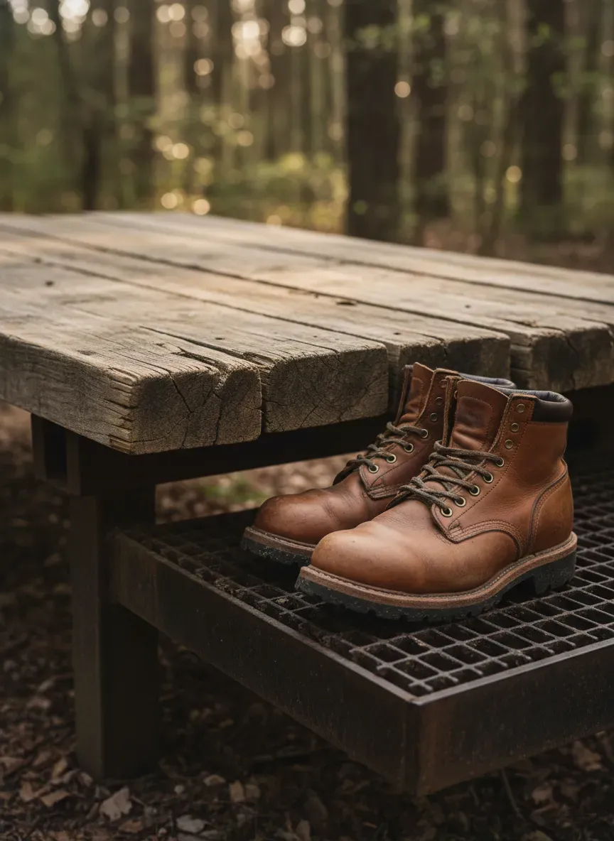 Detailed close up of a rustic wood bench surface highlighting the durable grain and a pair of heavy leather boots resting on the metal grate below