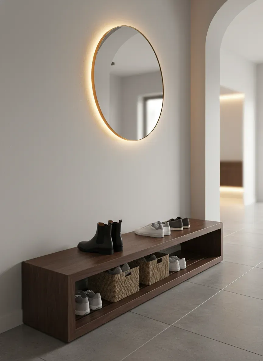 A sleek narrow shoe bench tucked against a hallway wall, demonstrating excellent spatial efficiency without blocking the walkway