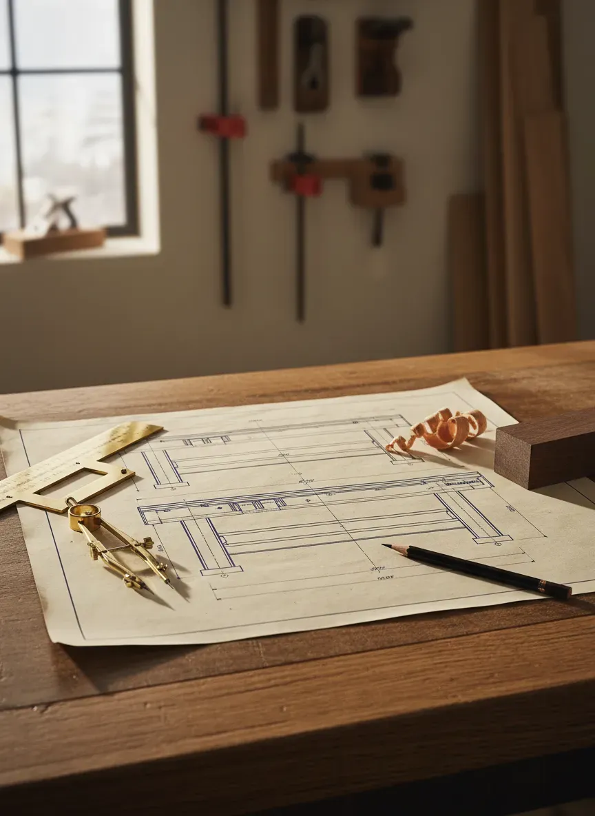 Detailed architectural blueprint of a traditional Roubo workbench layout