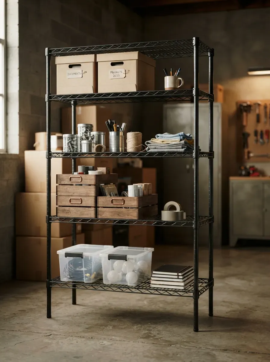 Floor-to-ceiling wire shelving racks with stacked clear bins in a storage room