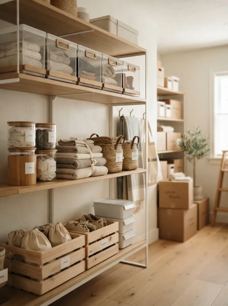 An organized storage room with floor-to-ceiling wire shelving, clear labeled plastic bins, and a pegboard wall of tools
