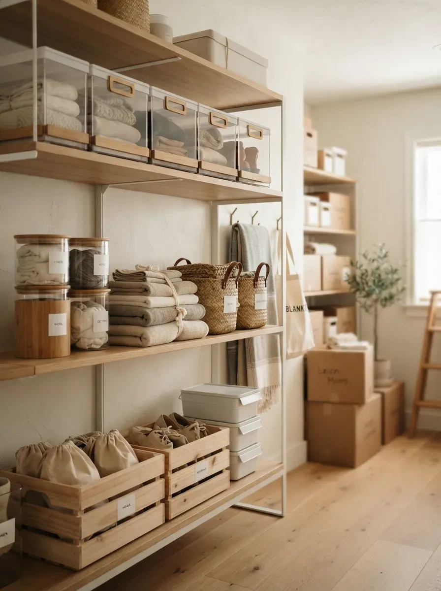 An organized storage room with floor-to-ceiling wire shelving, clear labeled plastic bins, and a pegboard wall of tools