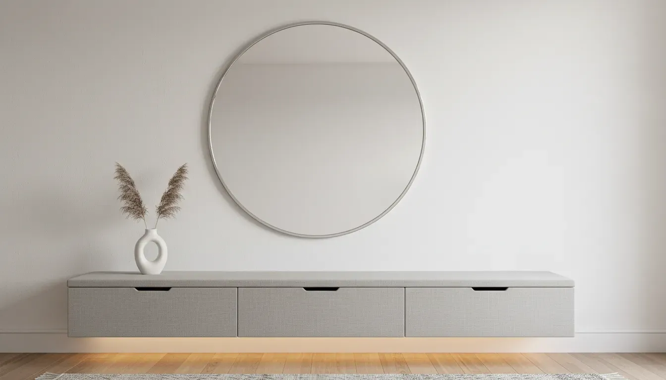 Modern minimalist entryway with a slim grey storage bench and round mirror