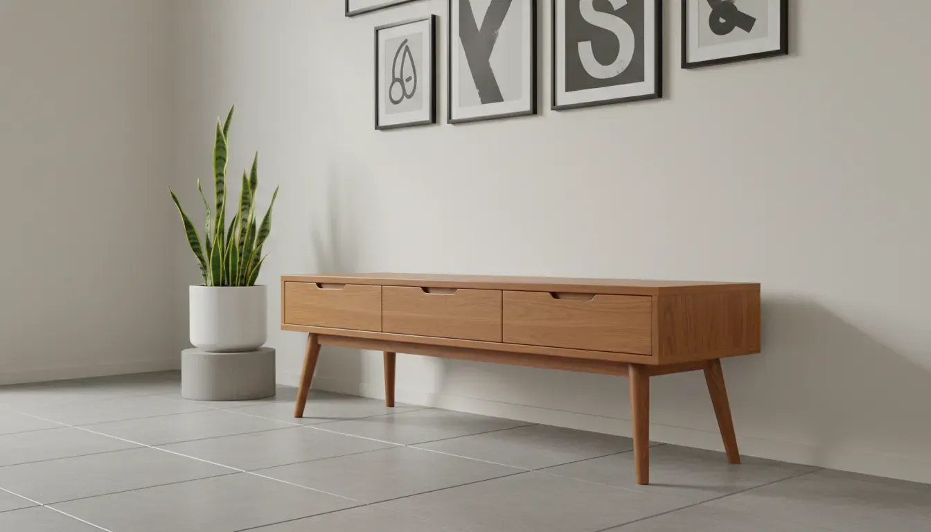 Mid-century modern wooden bench with tapered legs and drawer storage in a narrow hallway