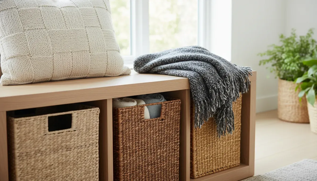 Detailed close-up of a storage bench with wicker baskets and a textured throw pillow
