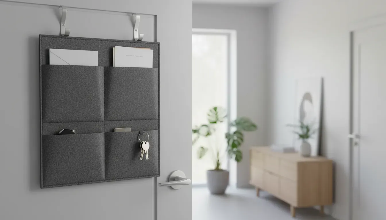 A sleek grey felt over-the-door organizer with pockets for mail and keys