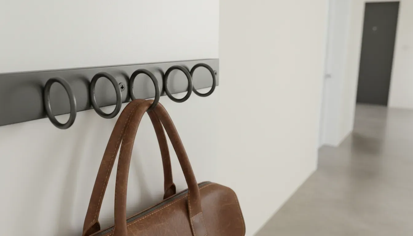 Close up of a metal over-the-door rail with sliding hooks holding a leather bag