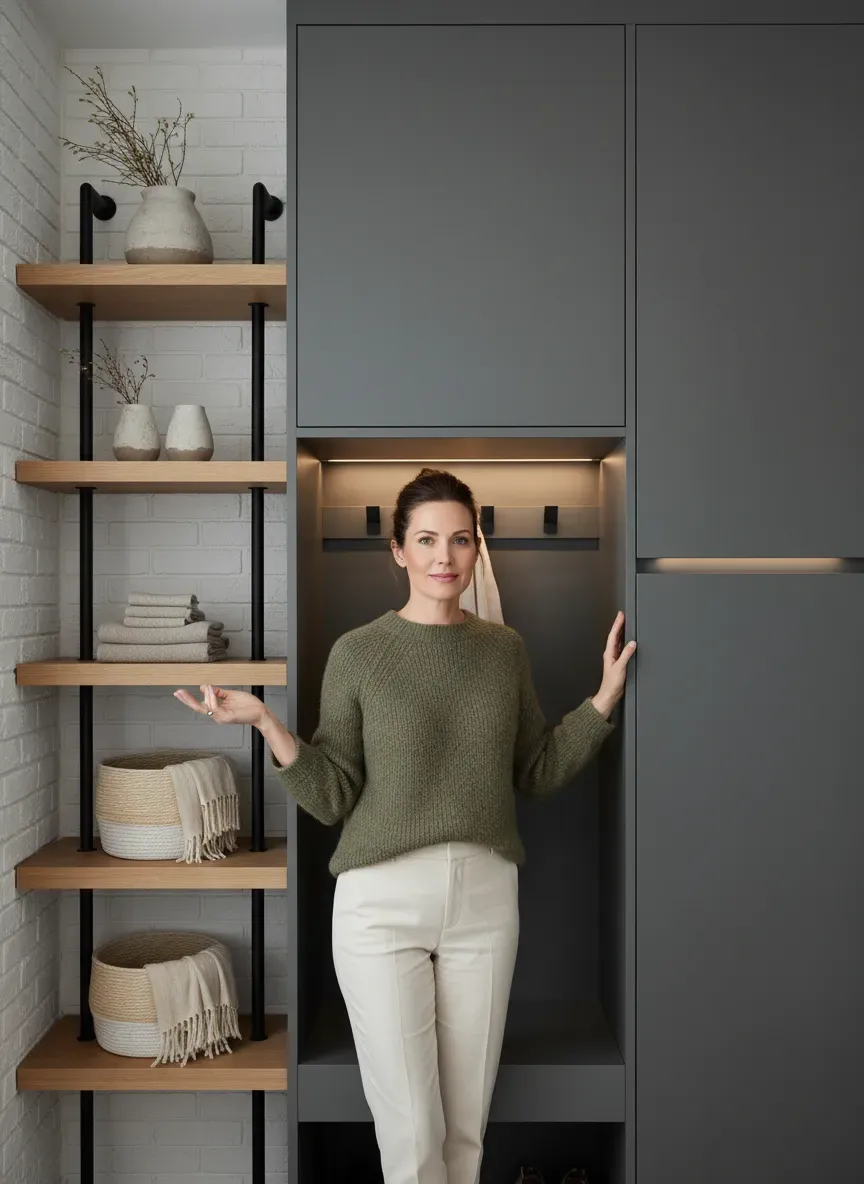 Comparing shallow 12-inch open shelving against deep 24-inch closed cabinetry in a modern mudroom setting.