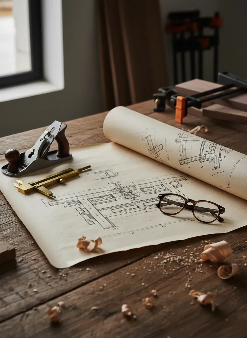 Woodworker analyzing a highly detailed workbench blueprint on a rustic table