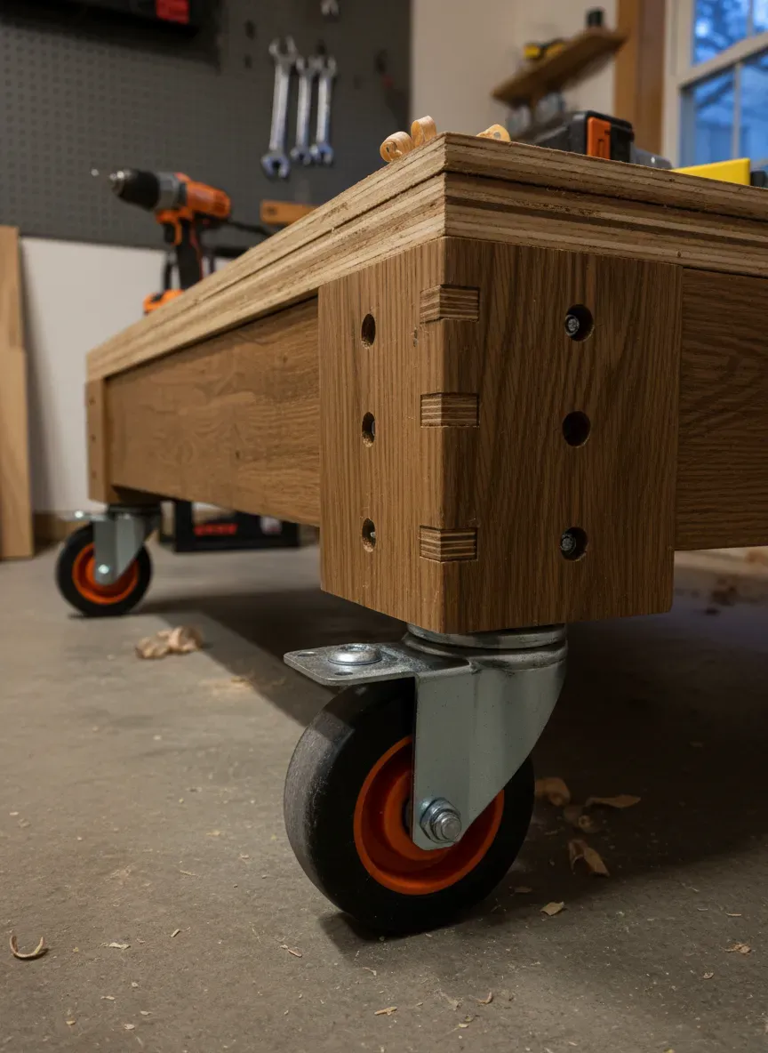 Close up of heavy duty casters and pocket hole joinery on a custom garage workbench