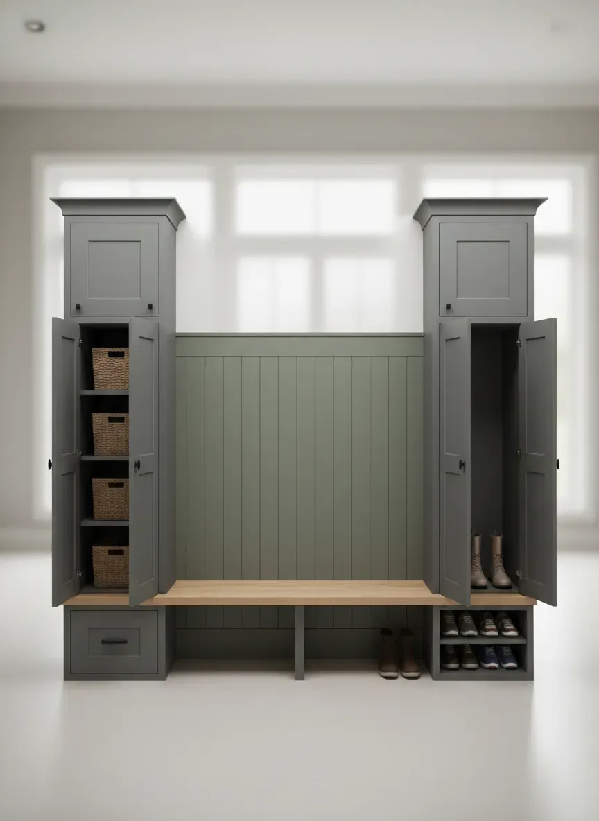 Architectural rendering of a custom mudroom built-in with a natural wood bench and dark painted lockers