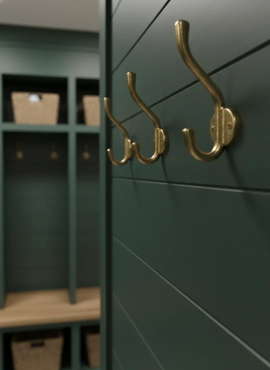 Close up of heavy duty brass hooks mounted on dark green shiplap inside a custom mudroom locker