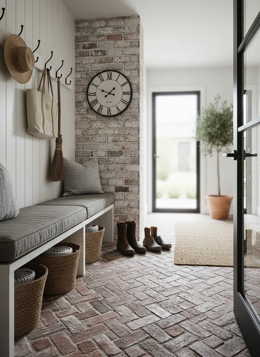 Vertical painted shiplap and brick floors in a modern farmhouse mudroom