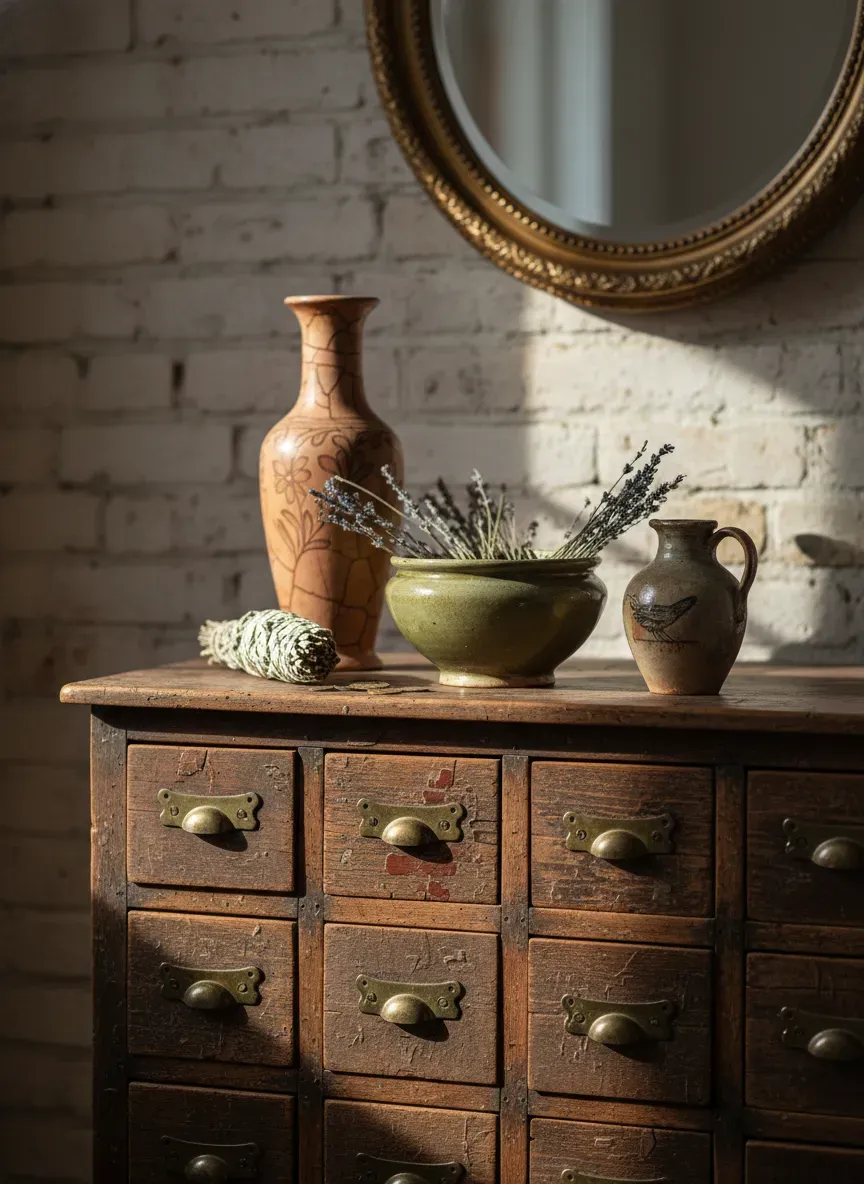 A rustic apothecary cabinet repurposed as an entryway table, adorned with vintage pottery