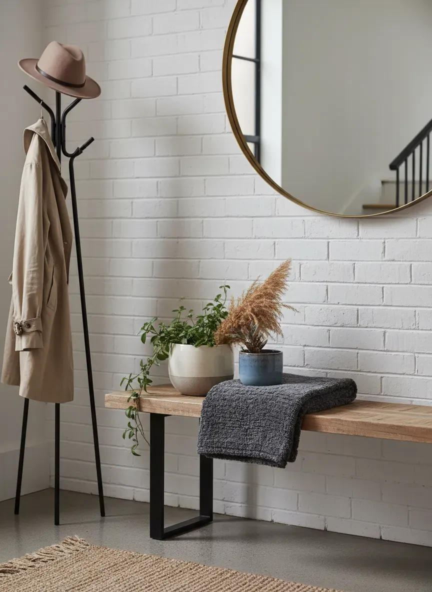 Styled entryway with soft industrial bench and accessories