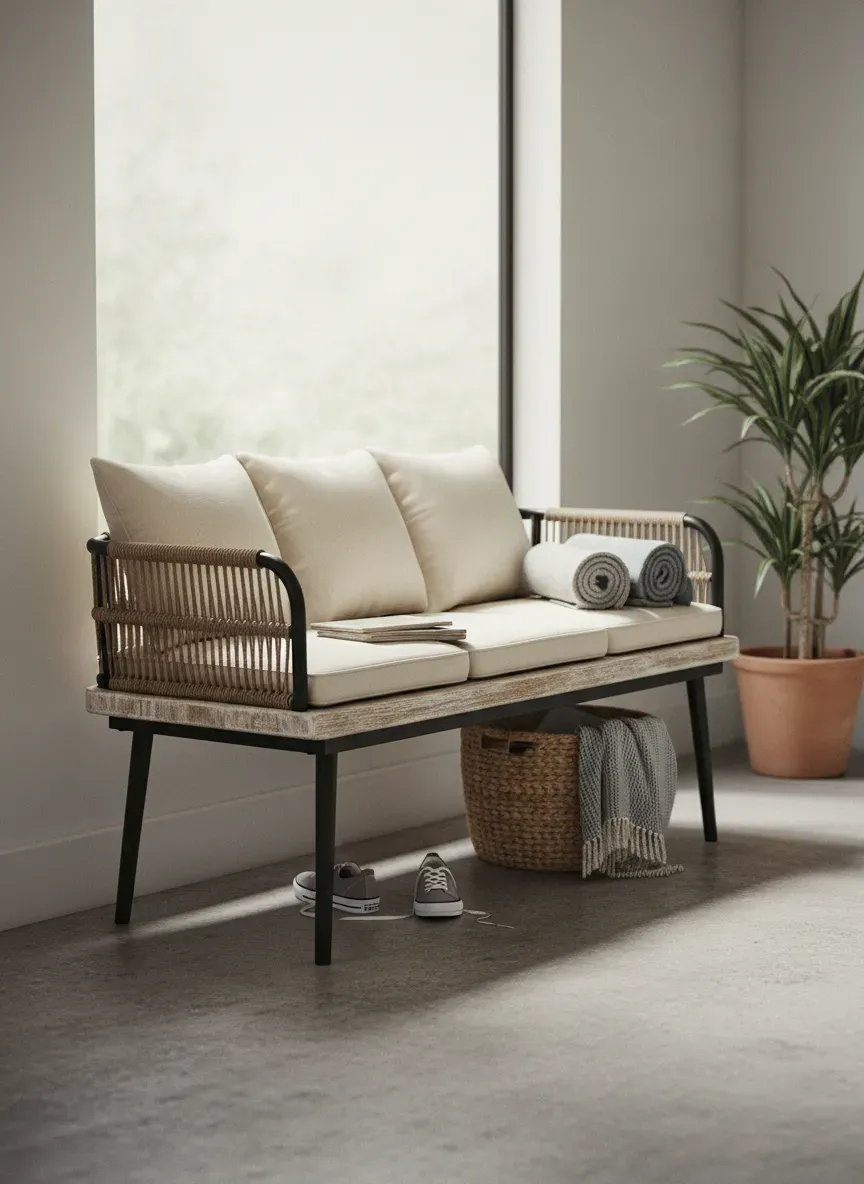 Budget entryway bench with a cushioned seat and open shoe storage shelf in a small foyer