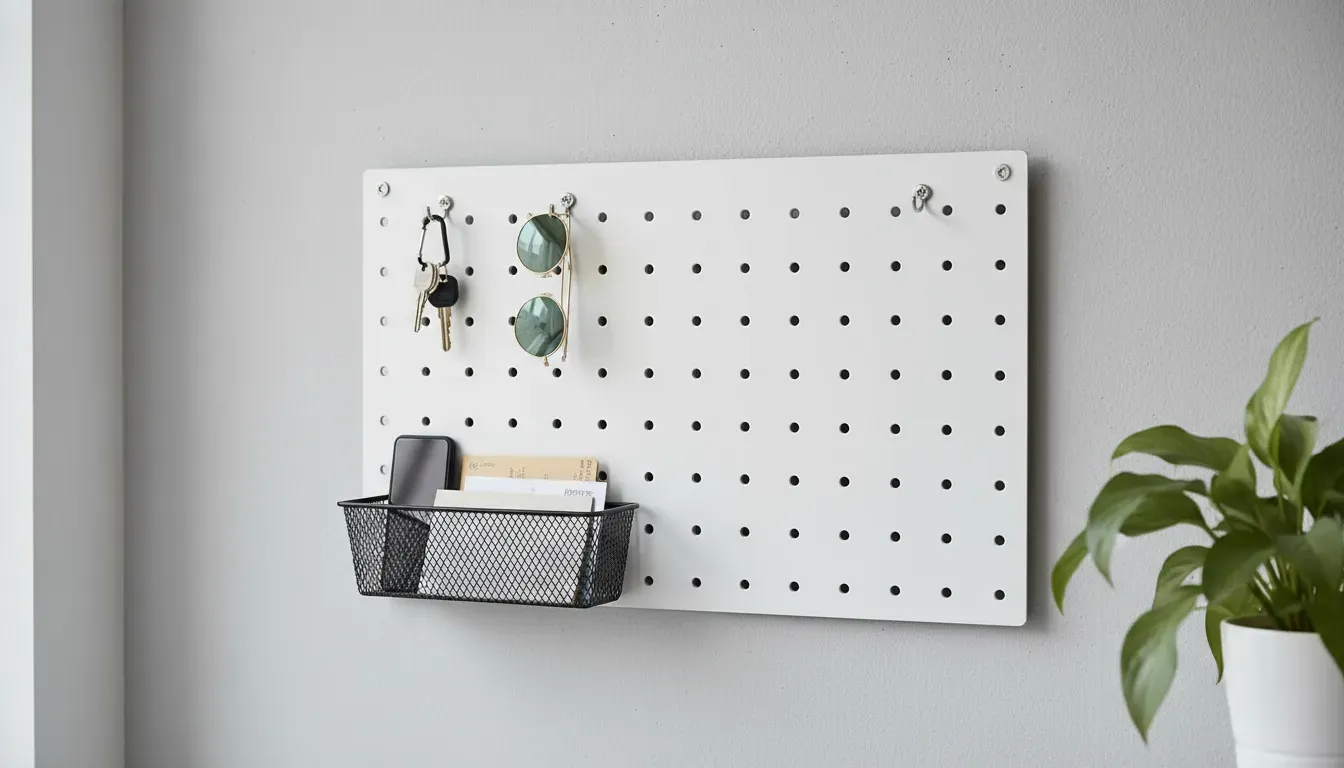 A white pegboard on an apartment wall organized with keys, sunglasses, and a small mail basket