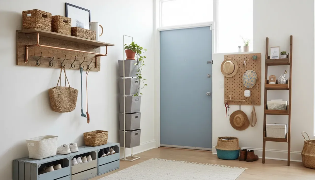 A organized apartment entryway featuring DIY wooden crates and a shoe rack