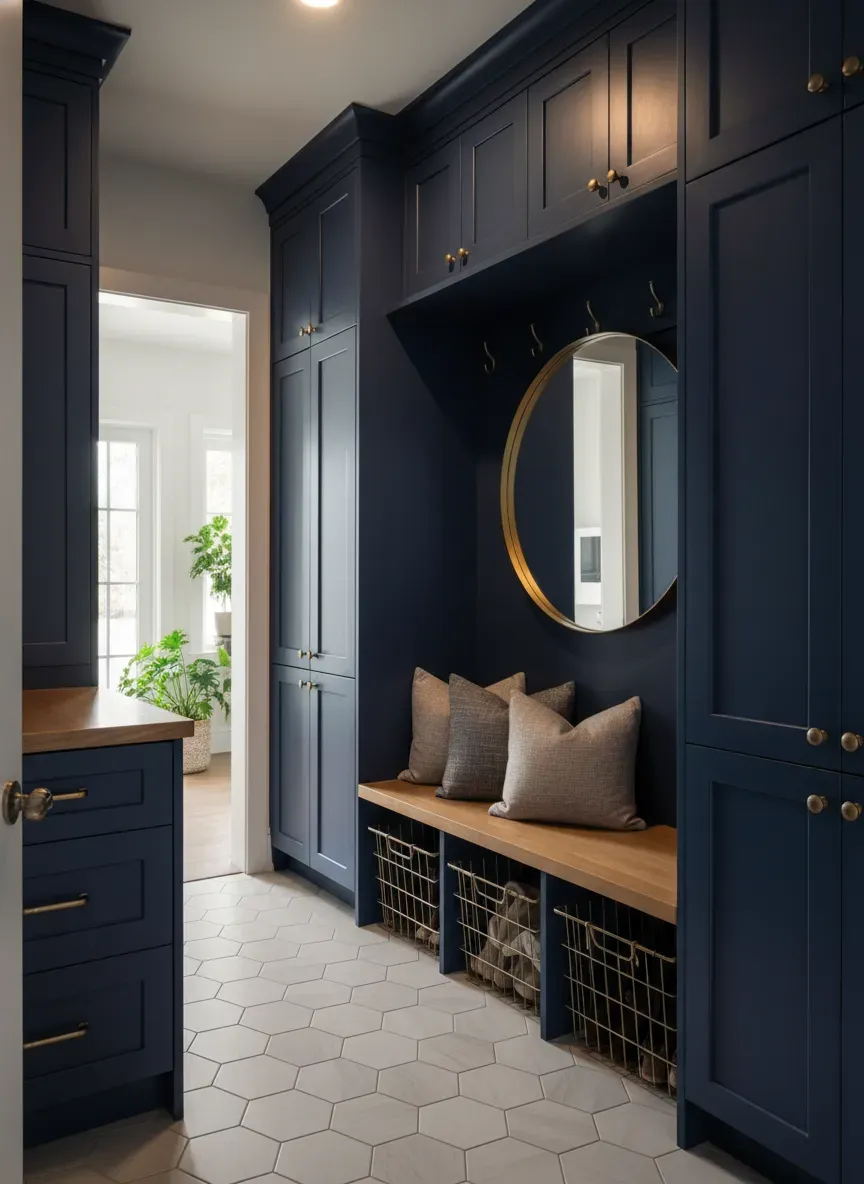 A compact, highly organized 5x6 mudroom featuring floor-to-ceiling custom navy blue millwork and a built-in bench.