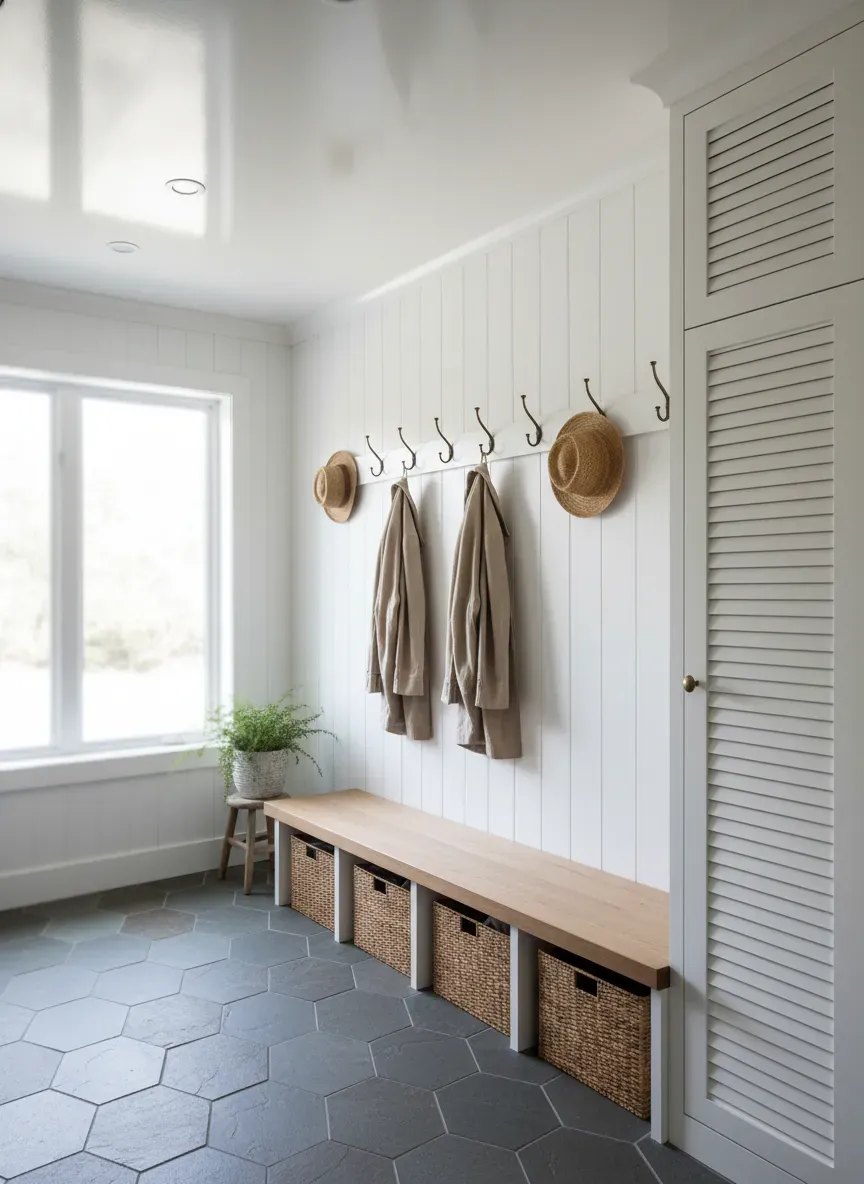 Brightly lit 5x6 mudroom utilizing a high-gloss ceiling, vertical shiplap, and a space-saving floating bench.