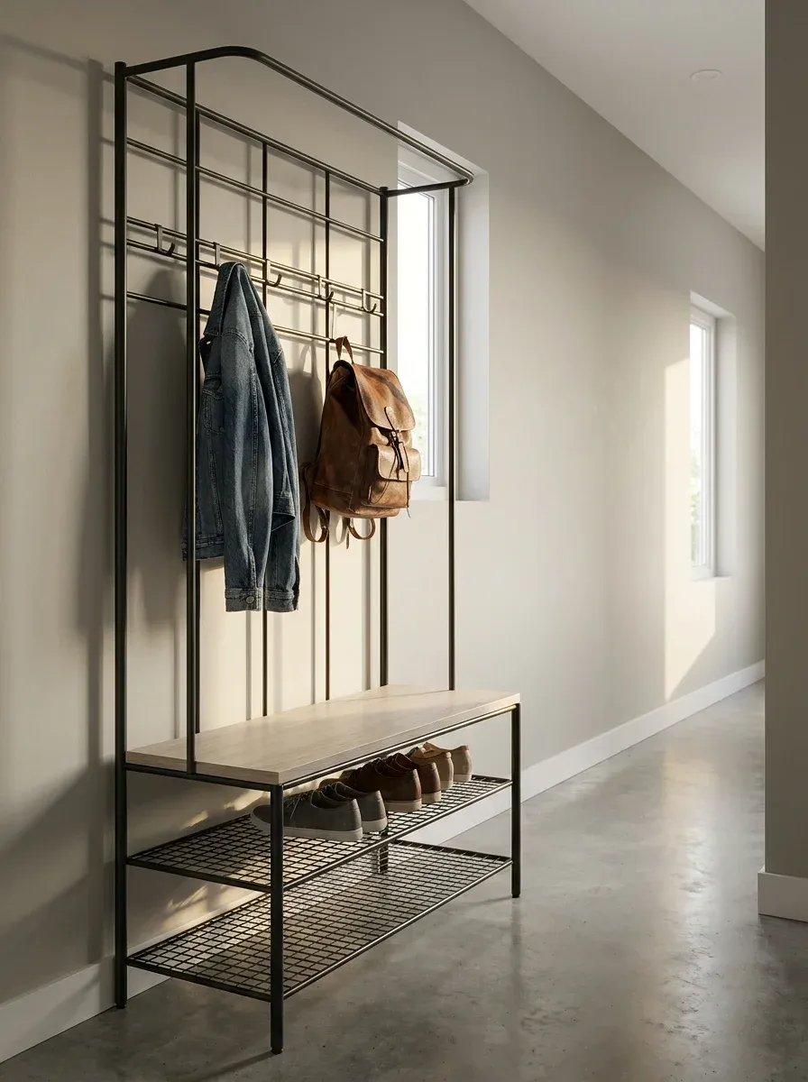 Wireframe Vertical Hall Tree in a Small Mudroom