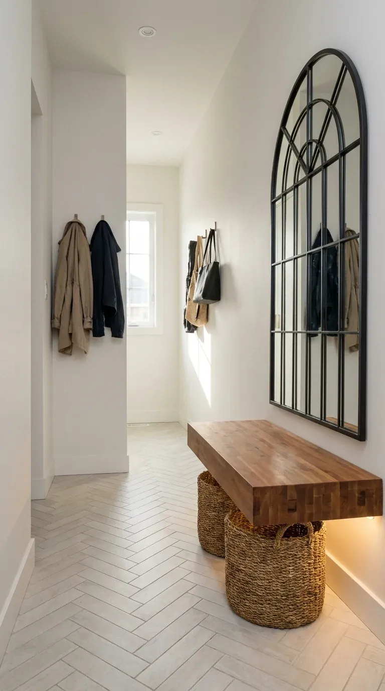 Strategic Mirror and Light-Toned Small Mudroom Bench