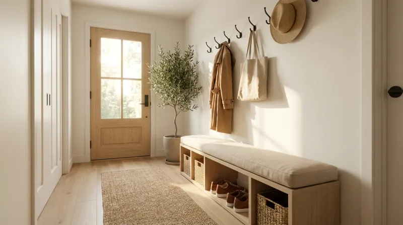 7 Best small mudroom ideas for narrow entryways showing a modern small mudroom bench and vertical storage unit with hooks
