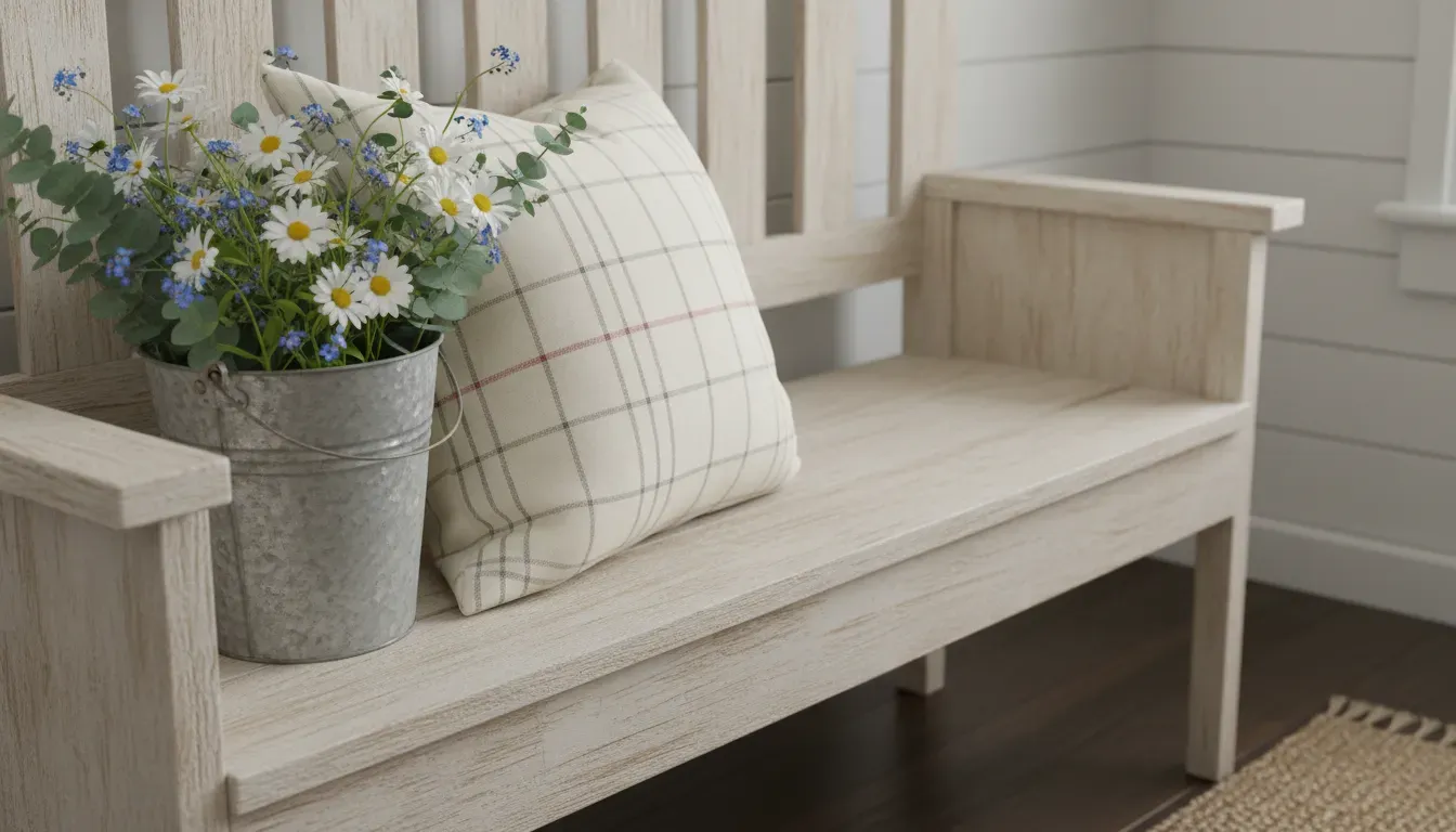 Close up detail of a farmhouse hall tree bench styled with a plaid throw pillow and a galvanized metal bucket holding flowers