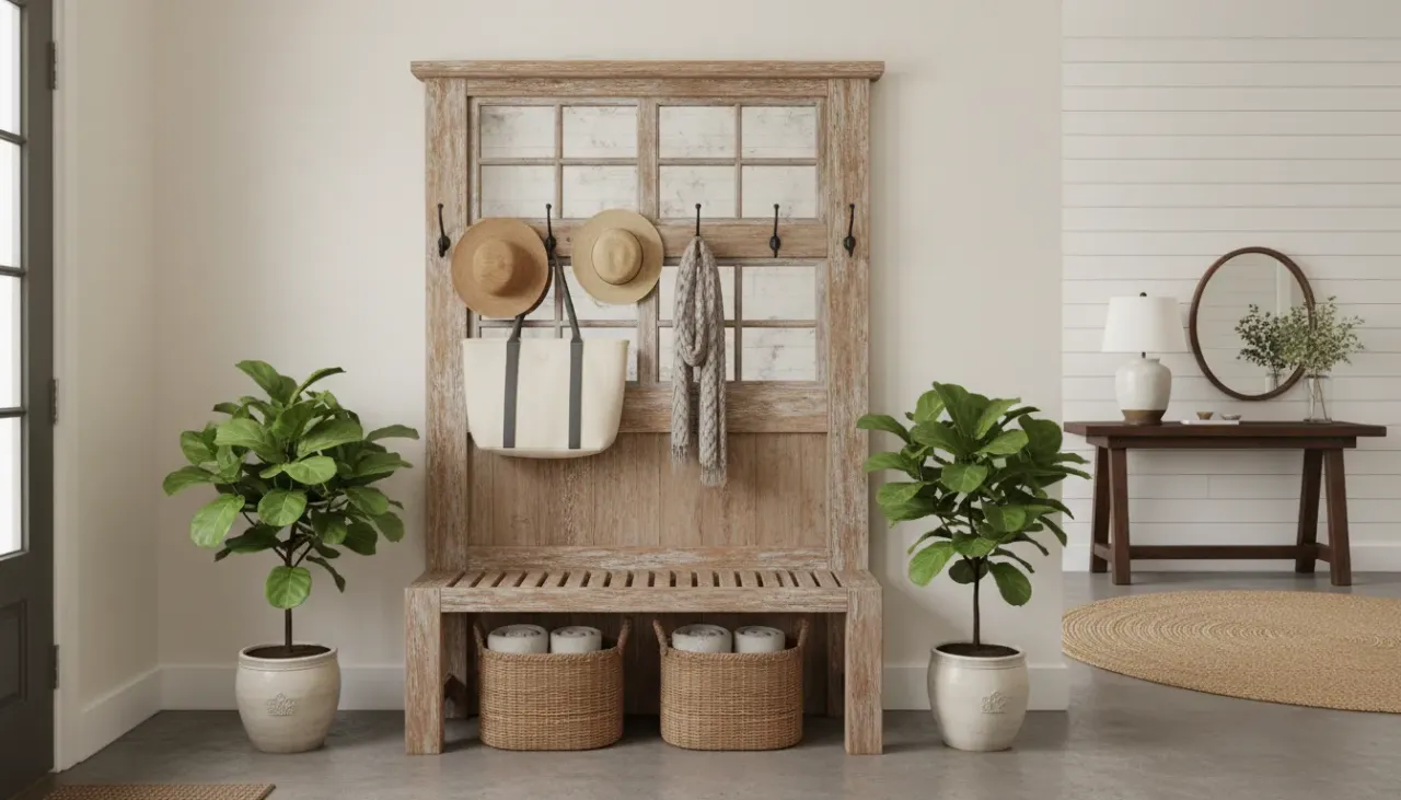 A beautifully styled rustic farmhouse hall tree with a wooden bench, black metal hooks, and woven storage baskets in a bright entryway.