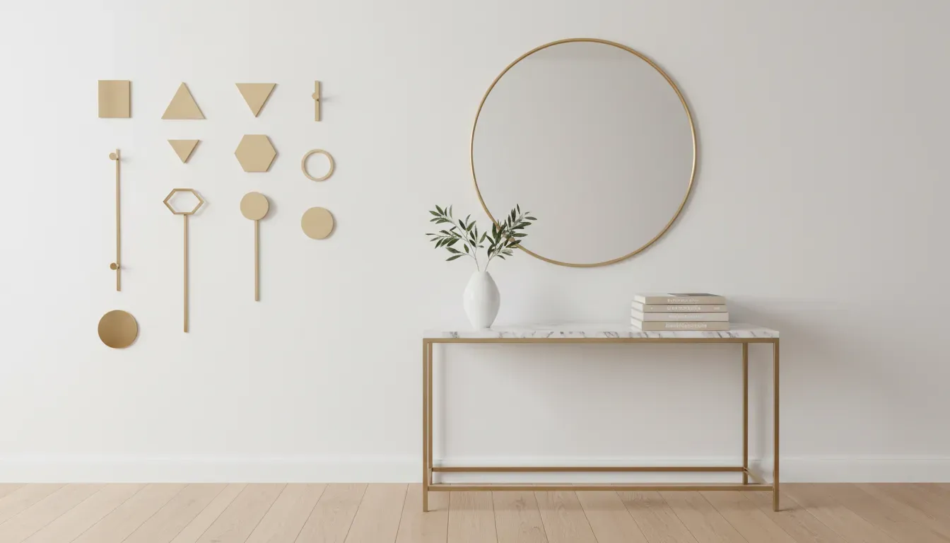 A chic entryway with gold geometric hooks on a white wall with a marble console table