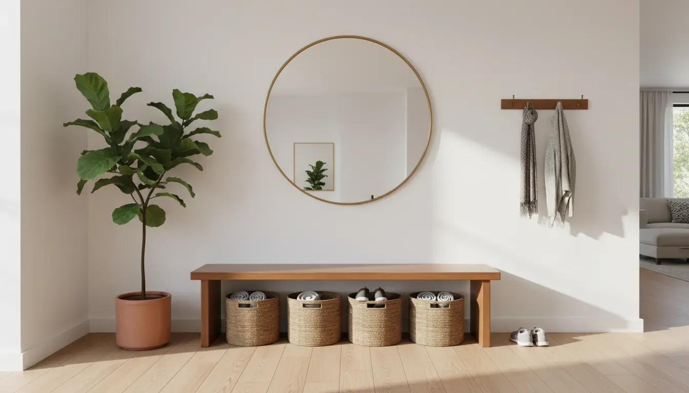 A neatly organized entryway featuring a wooden bench with baskets, a mirror above, and a plant to the side