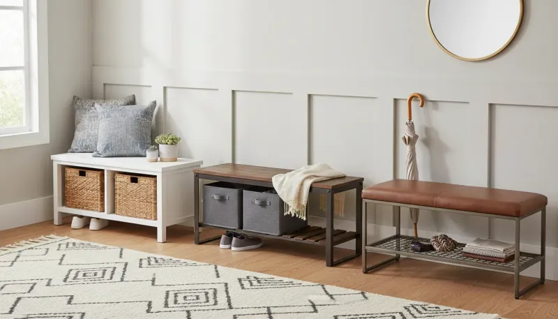 A stylish, modern entryway bench with shoe storage cubbies situated in a well-lit foyer
