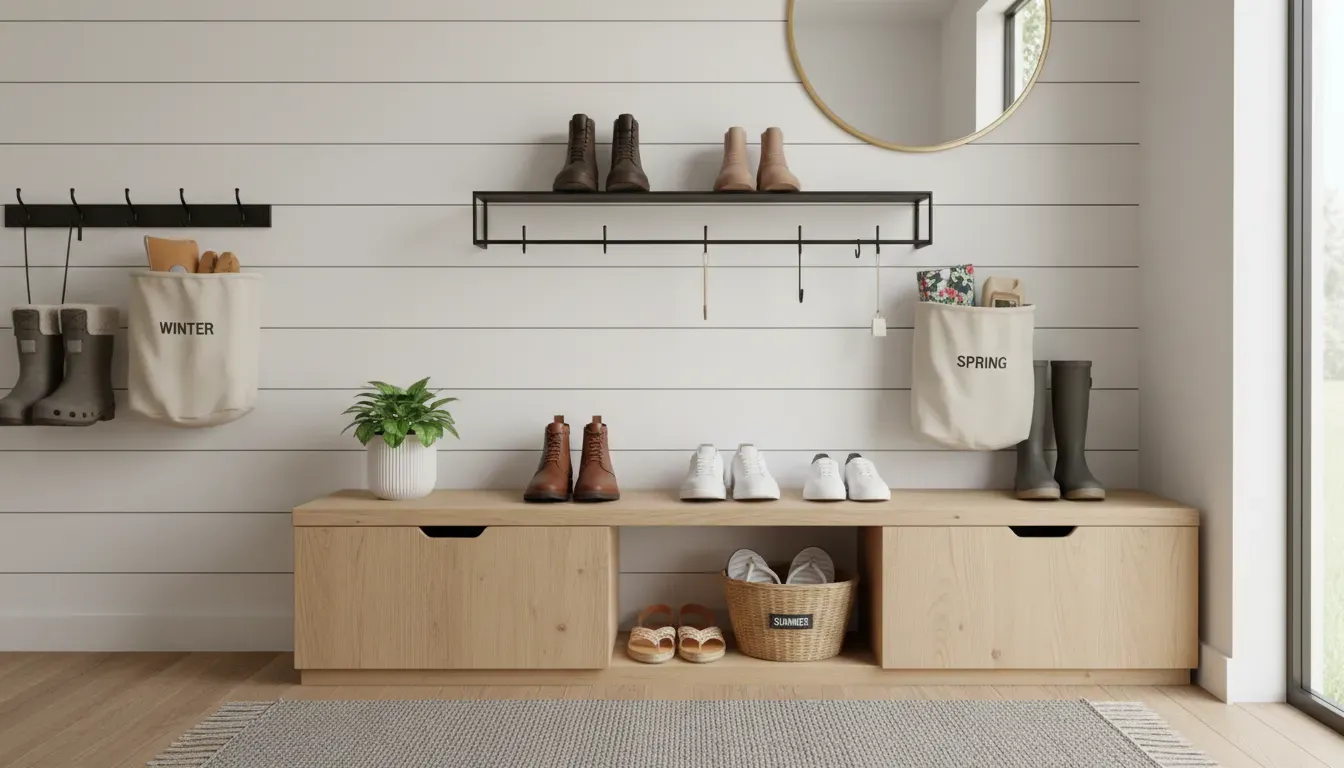 Organized entryway showing seasonal rotation of footwear