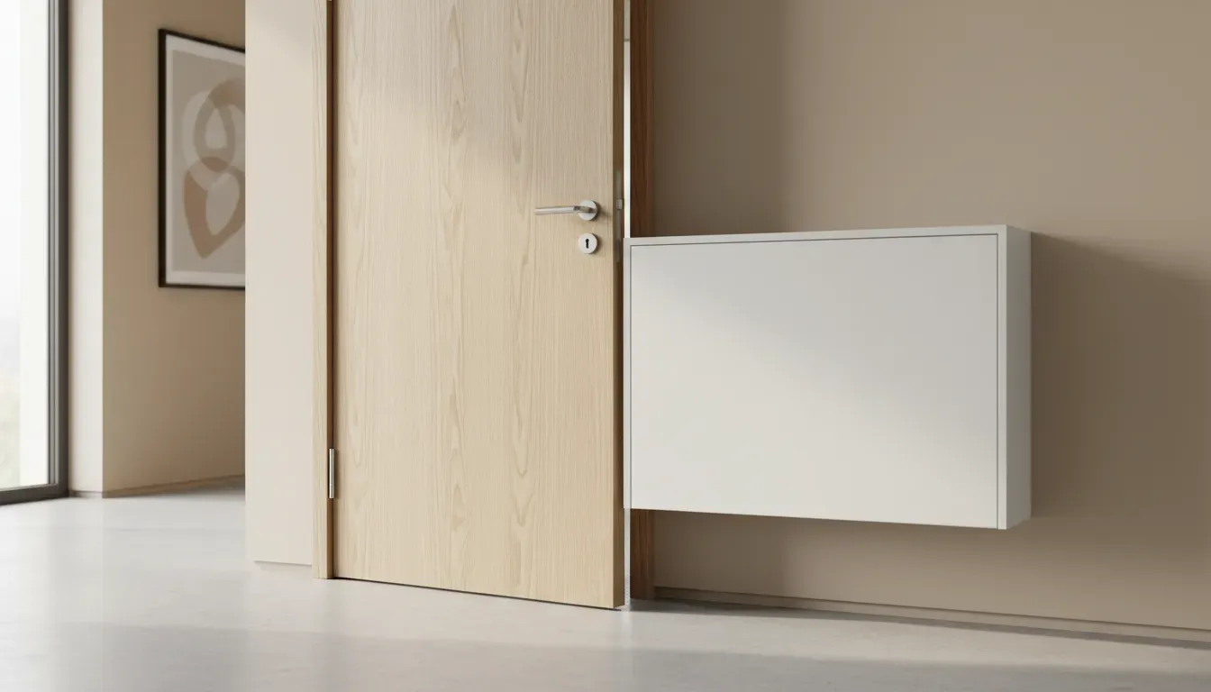 A slim white tipping shoe cabinet mounted on the wall behind an open wooden door demonstrating clearance and space efficiency
