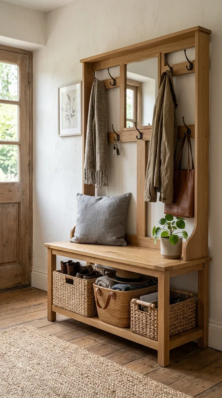 Family entryway with a natural oak hall tree, woven baskets in the lower cubbies, boots and a dog leash tucked inside