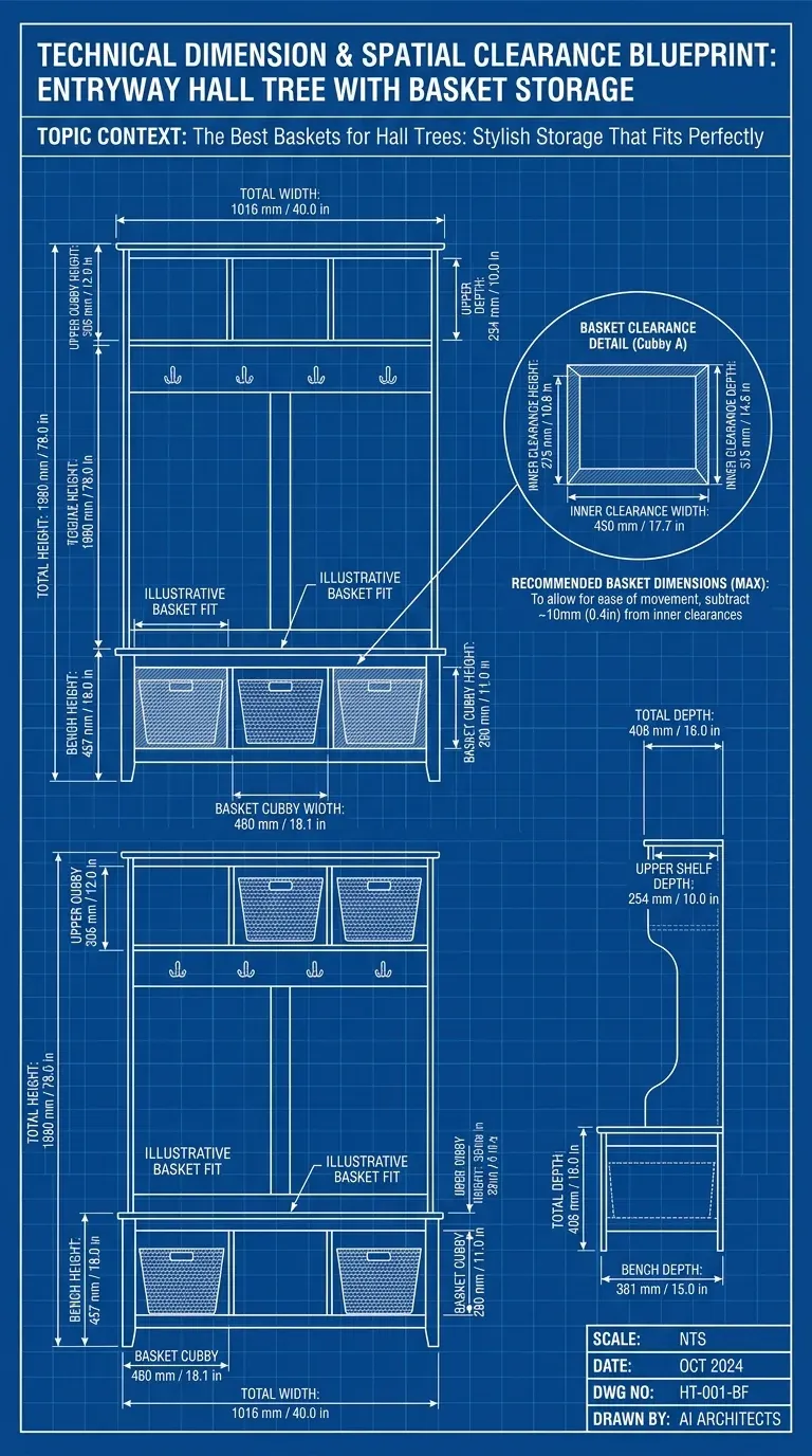 Measurement blueprint showing ideal basket clearance inside hall tree cubbies for smooth pull-out