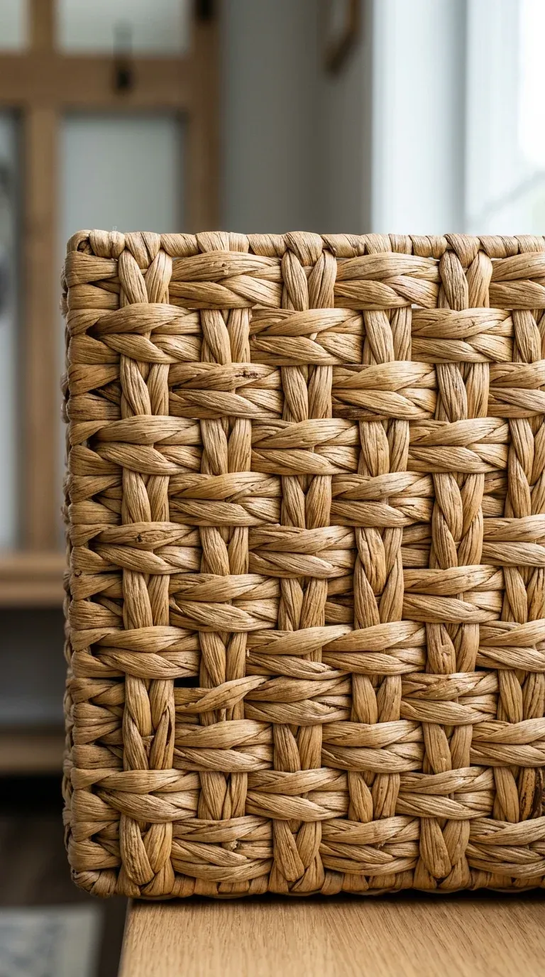Close-up of a water hyacinth basket weave showing tight checkerboard construction braced by an iron frame