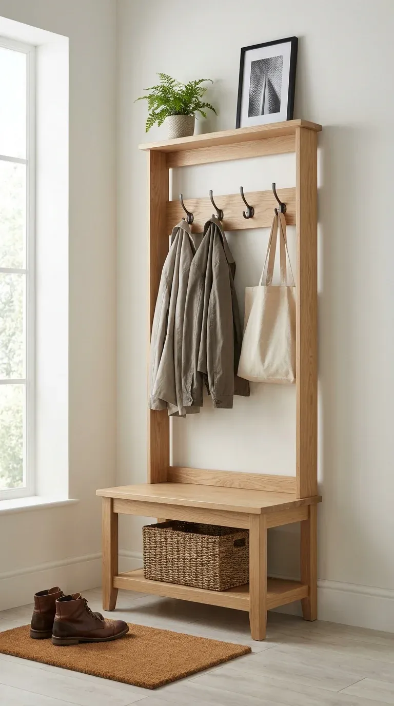 Budget hall tree with bench and shoe shelf in use, coats hung and boots stored neatly in a mudroom