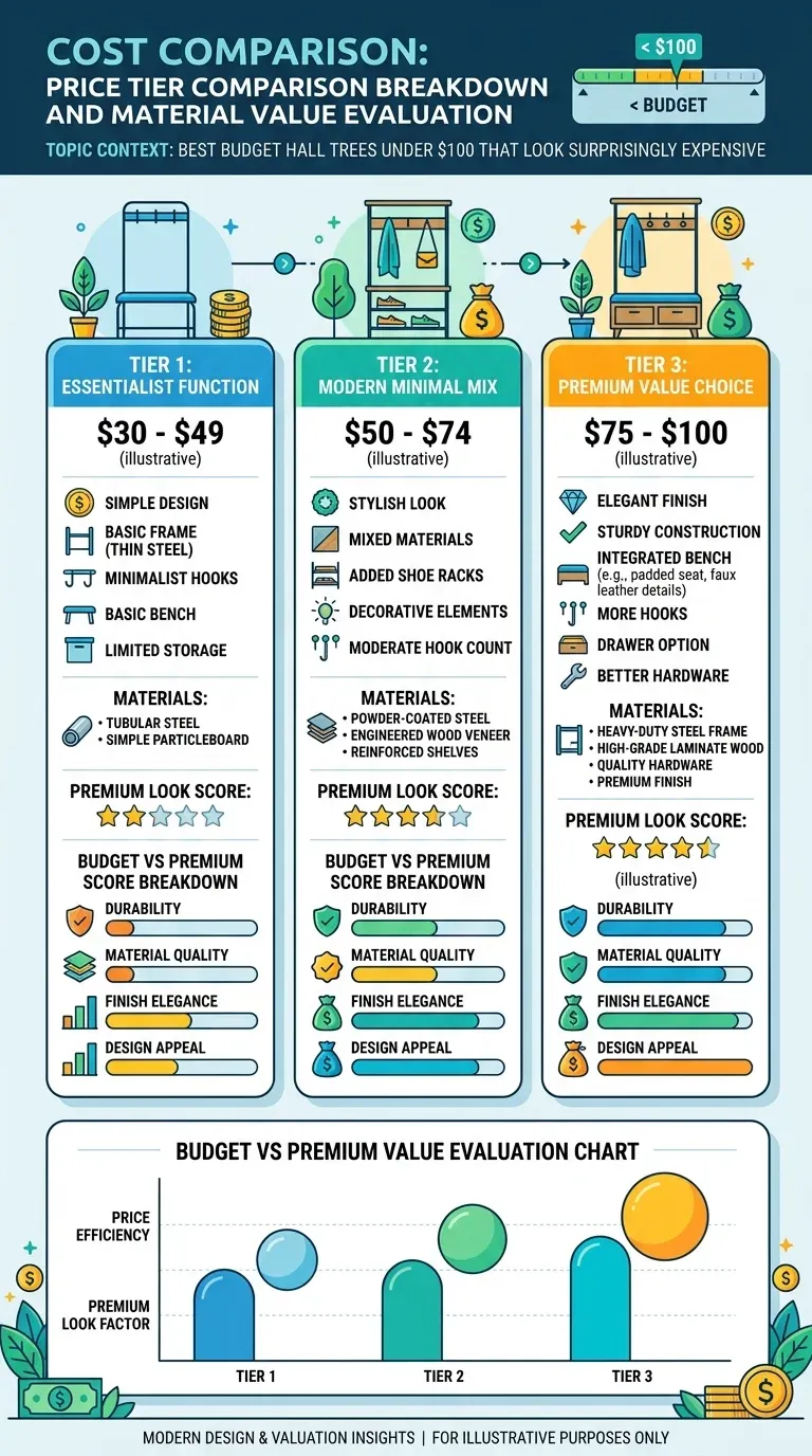 Cost comparison breakdown of budget versus premium hall trees over a five year period
