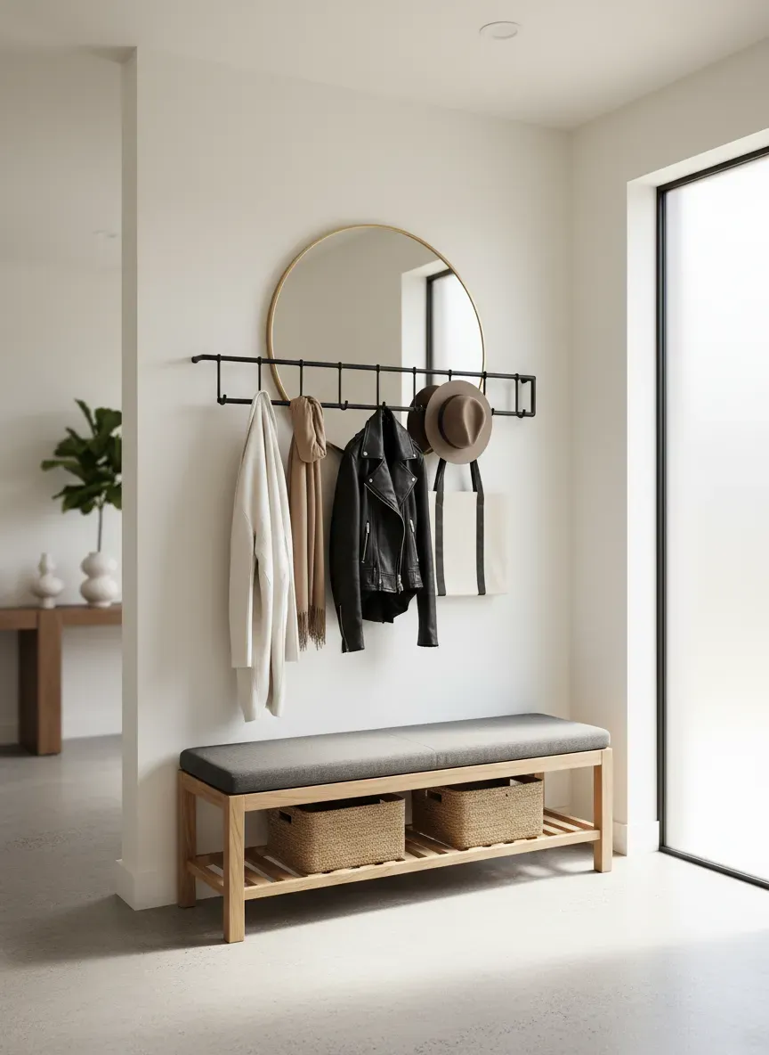 Modern entryway bench with coat rack in a well-lit foyer