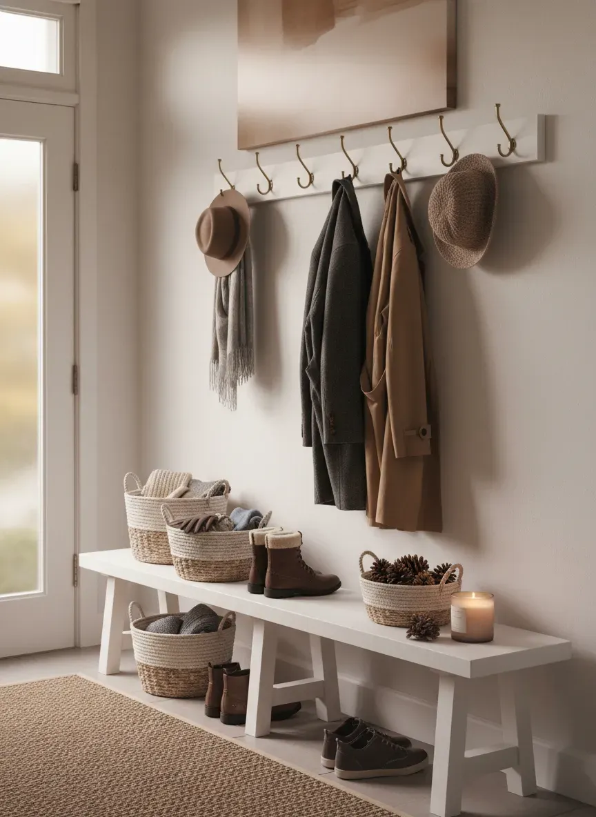 Organized entryway showing seasonal rotation on a white bench coat rack