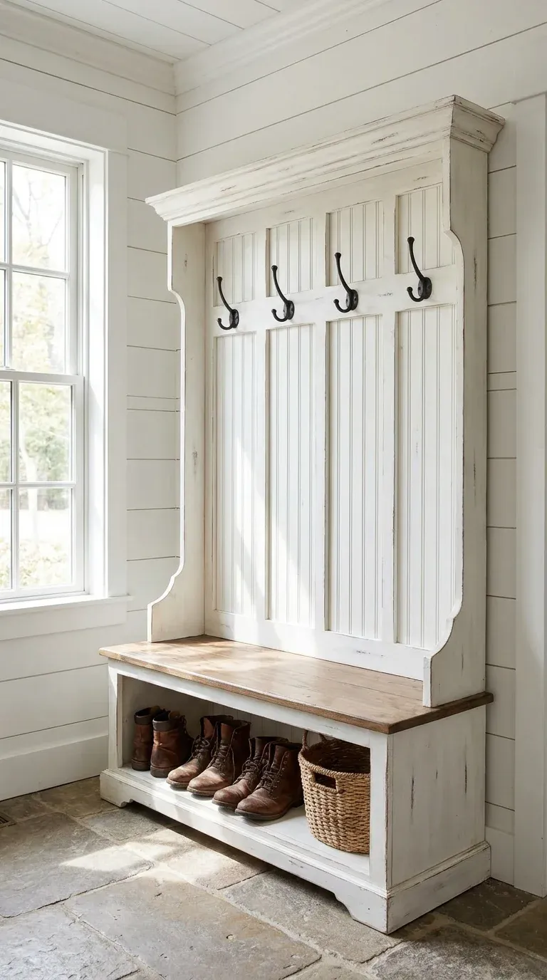 Rustic white farmhouse hall tree with beadboard backing, vintage double-pronged black iron hooks, and a built-in bench holding leather boots in a sunlit mudroom