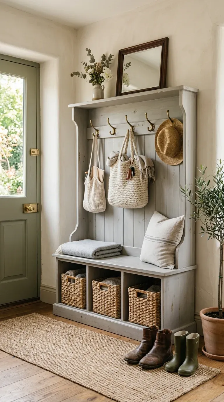 Family entryway with a light gray farmhouse hall tree, a child sitting on the bench putting on rain boots while coats hang on the hooks above
