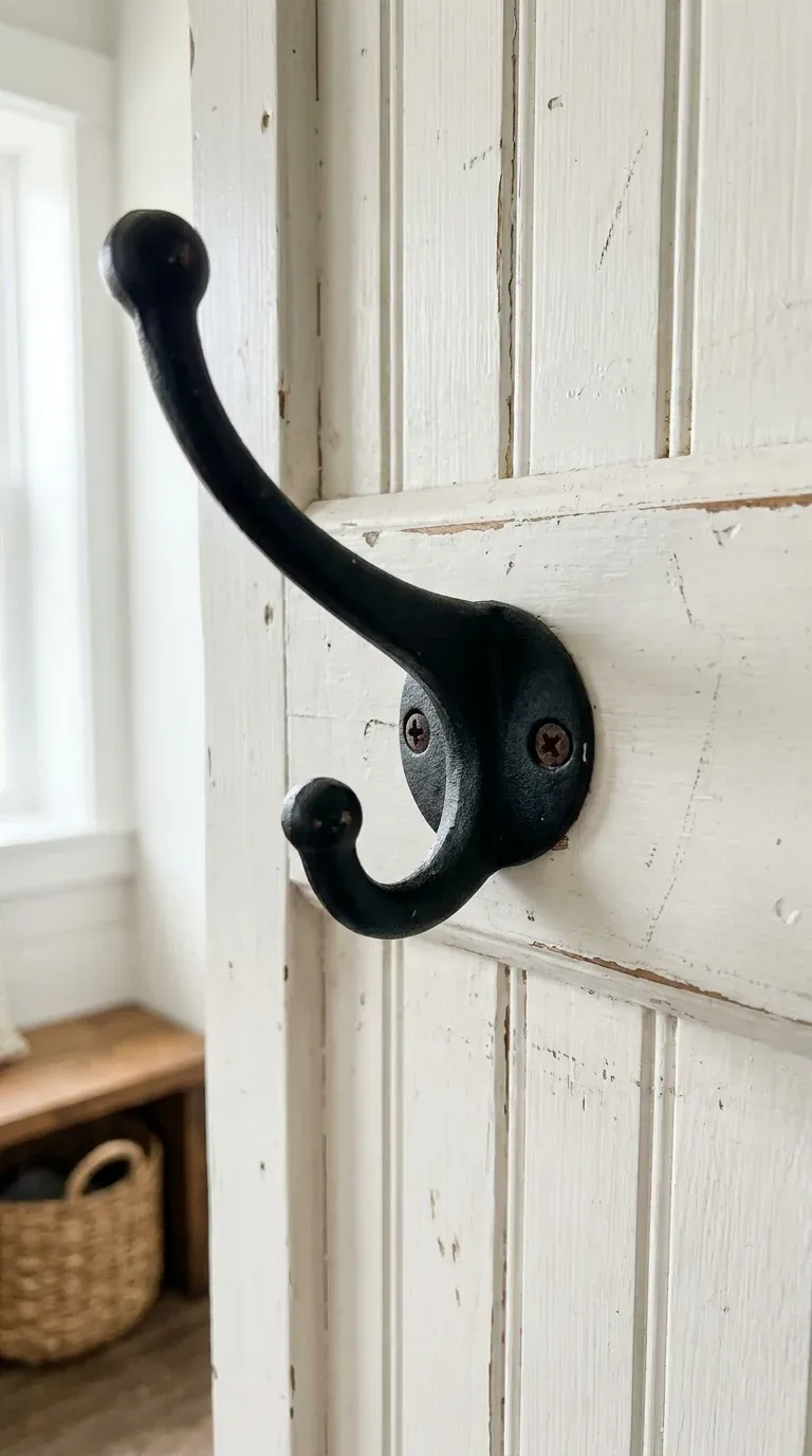 Close-up of a farmhouse hall tree with matte black cast iron double-prong hooks screwed into distressed white beadboard, with a galvanized boot tray below