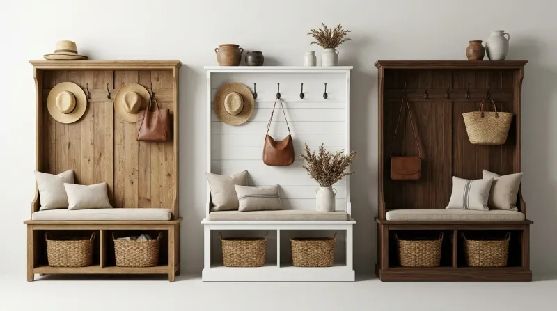 A farmhouse hall tree with a white beadboard back, black iron hooks, and a boot bench in a cozy farmhouse entryway