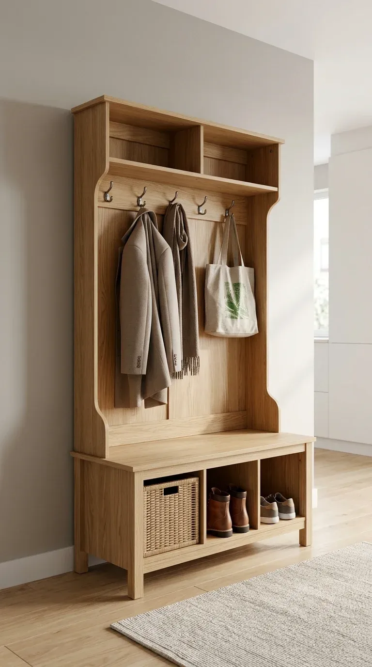 Compact apartment foyer with a slim hall tree, hooks at reach height, and a bench that leaves the walkway clear