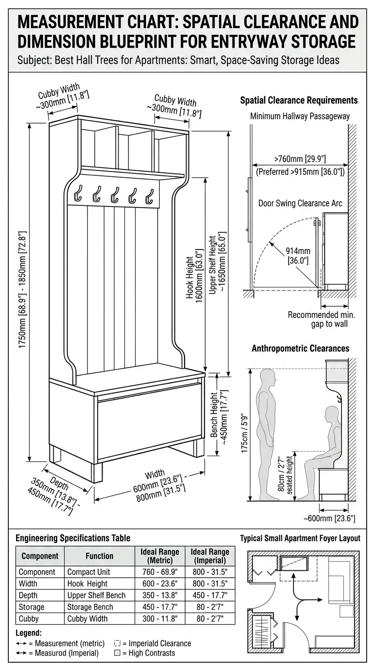 Space math diagram showing hallway width, hall tree depth, yoga mat, and door swing zones stacked