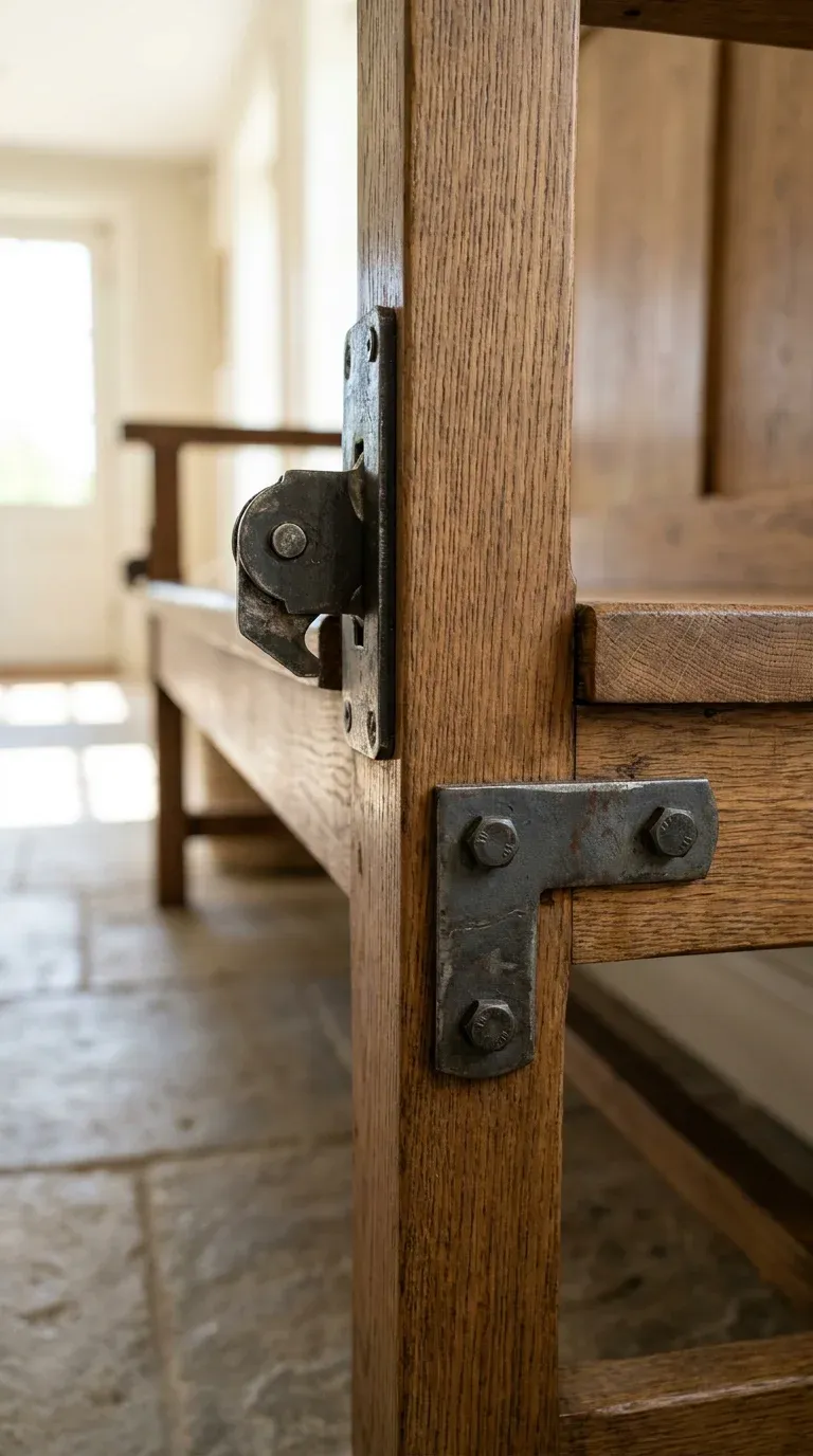 Close-up of a steel cam-lock assembly and double-bolted corner brace reinforcing a solid oak hall tree bench frame