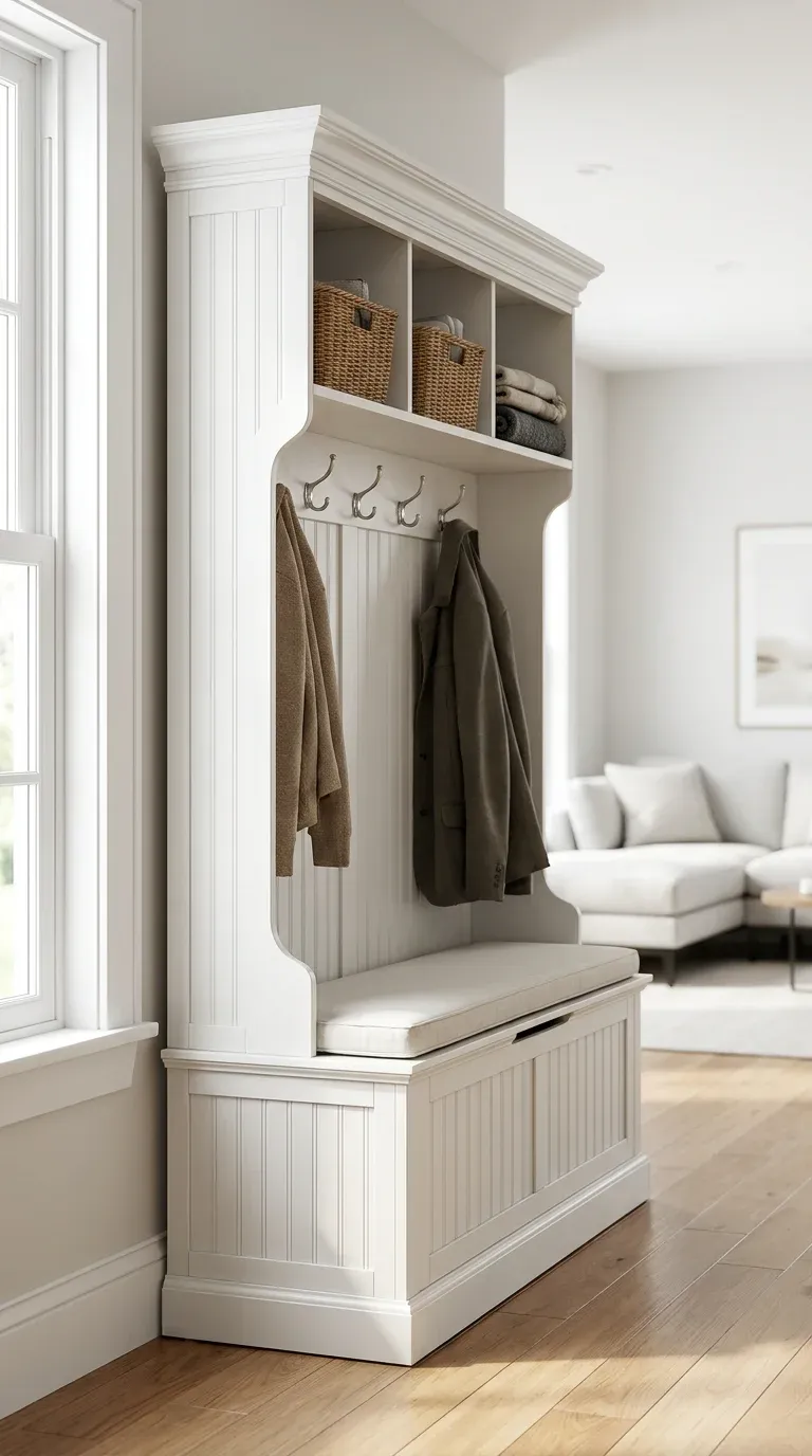 White beadboard hall tree with a flip-top storage bench, crown molding, and coat hooks in a bright foyer