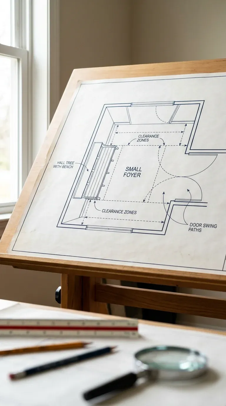 Floor plan schematic showing clearance zones and door swing paths around a hall tree bench in a small foyer